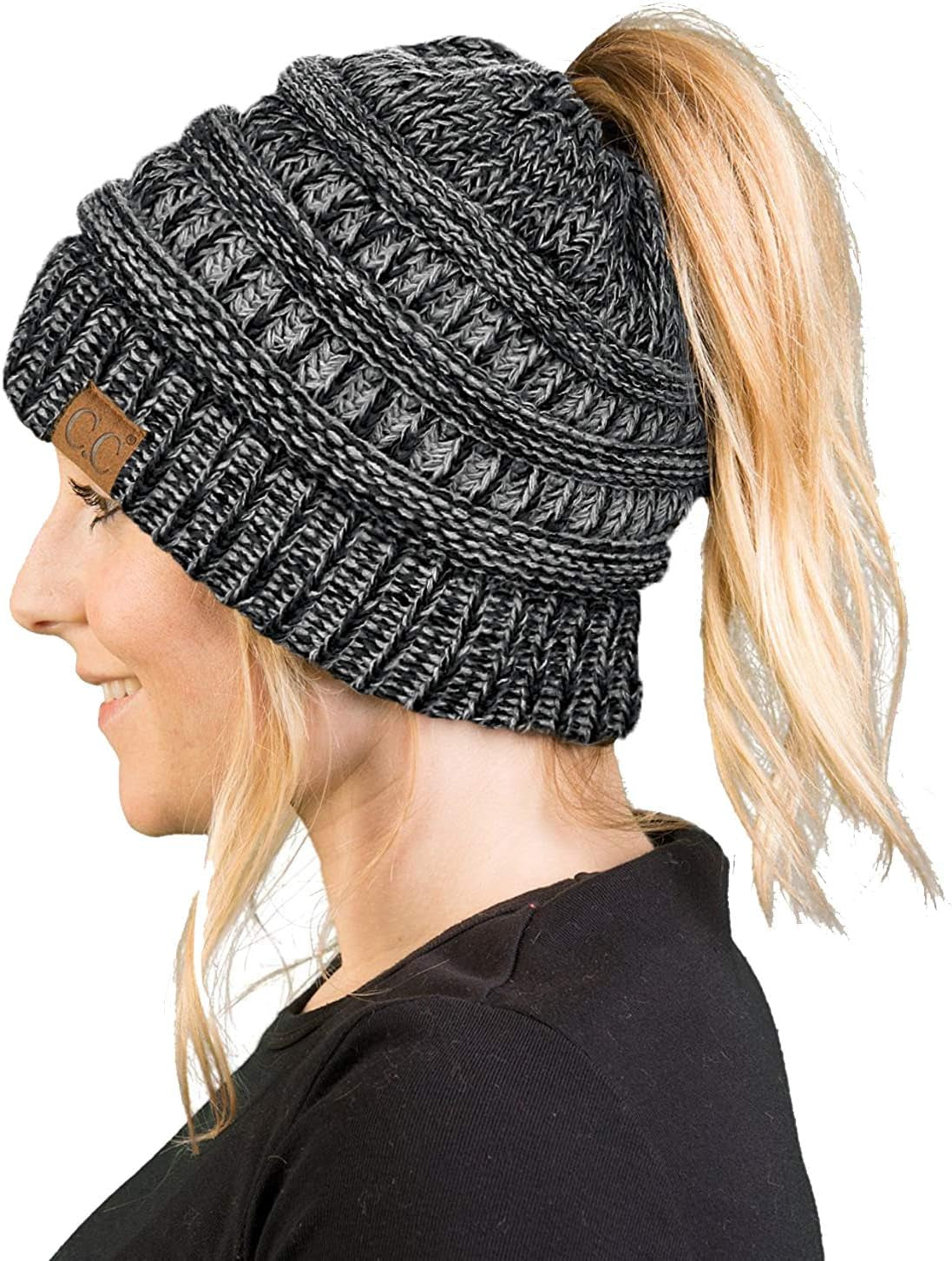 Women'S Ponytail Beanie Hat - Soft Ribbed Messy Bun Knit Cap - Solid, Confetti & Multi-Tone